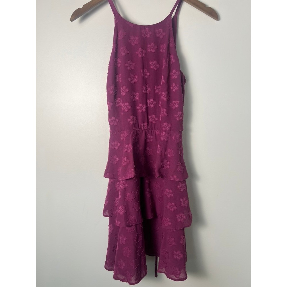 The General Good Sm Floral Clip Dot Tiered Ruffle Midi Dress Magenta Purple Boho